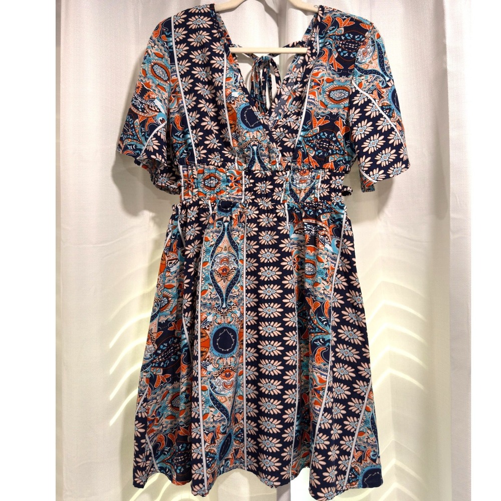 Shein Womens Boho Paisley Floral Medallion Mini Dress Navy Orange Size M 6